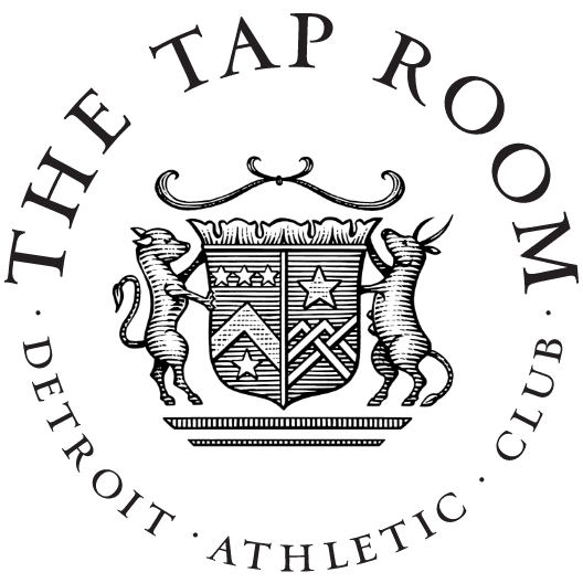 The Tap Room brandmark with a classic stars, mountains and animals shield emblem in the center with the wordmark around in a circle