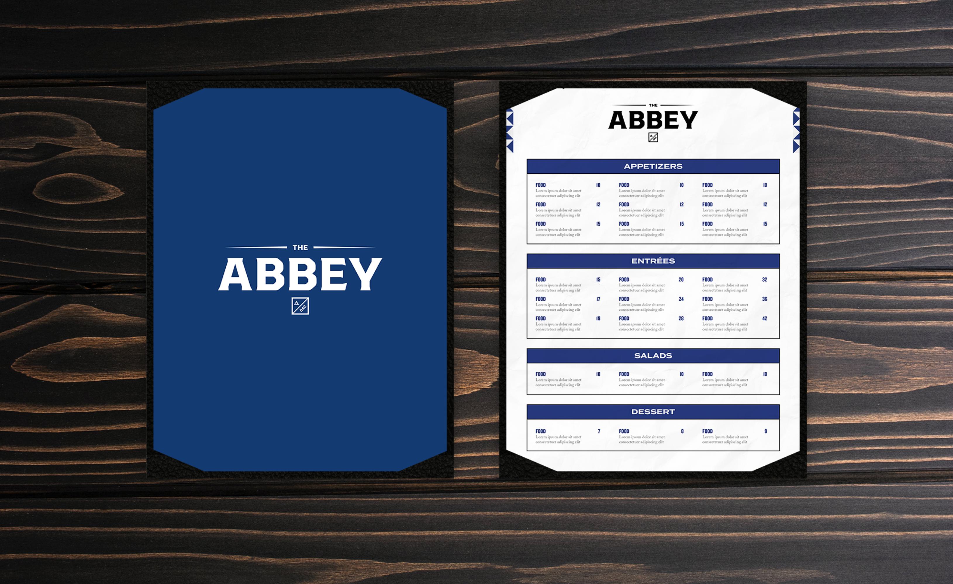 A mockup of the front and back of Abbey food menu.