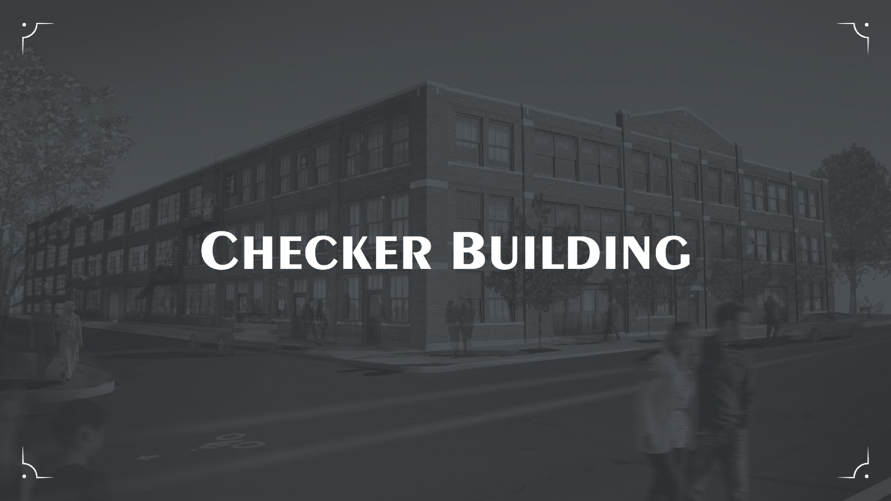 Checker Building wordmark against a stylized photo of the building