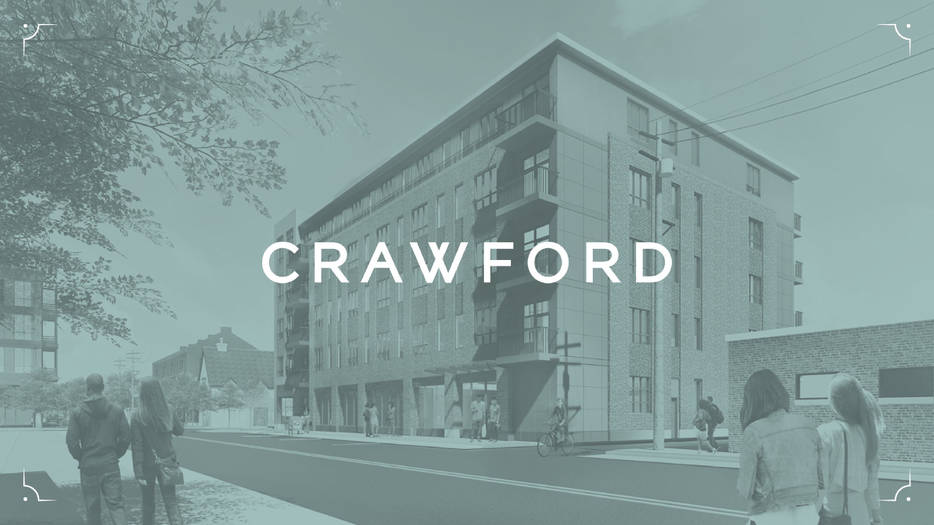 Crawford wordmark against a stylized photo of the building
