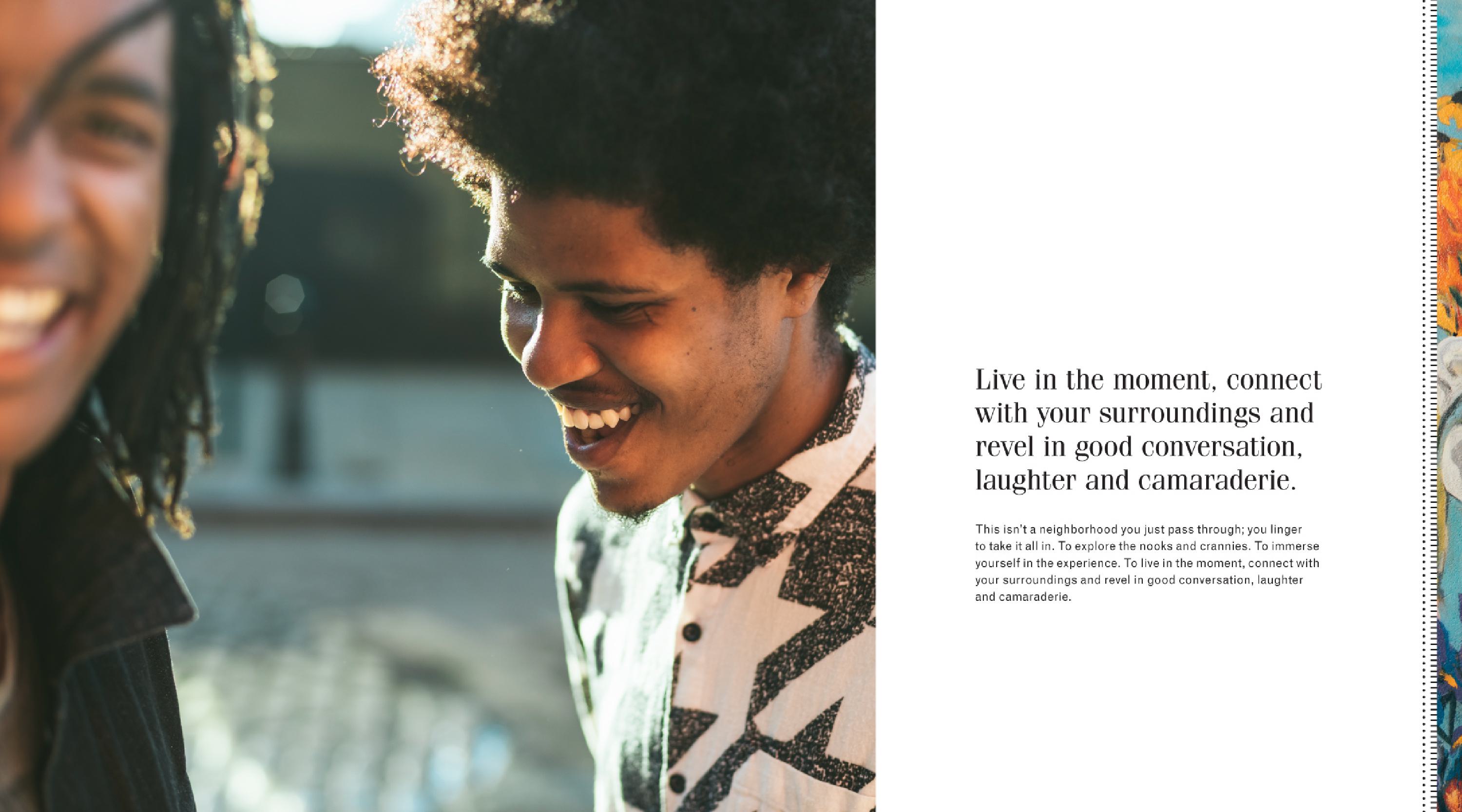 A panel from the identity guide - a photo of a couple of young urban men with the brand proposition copy. 