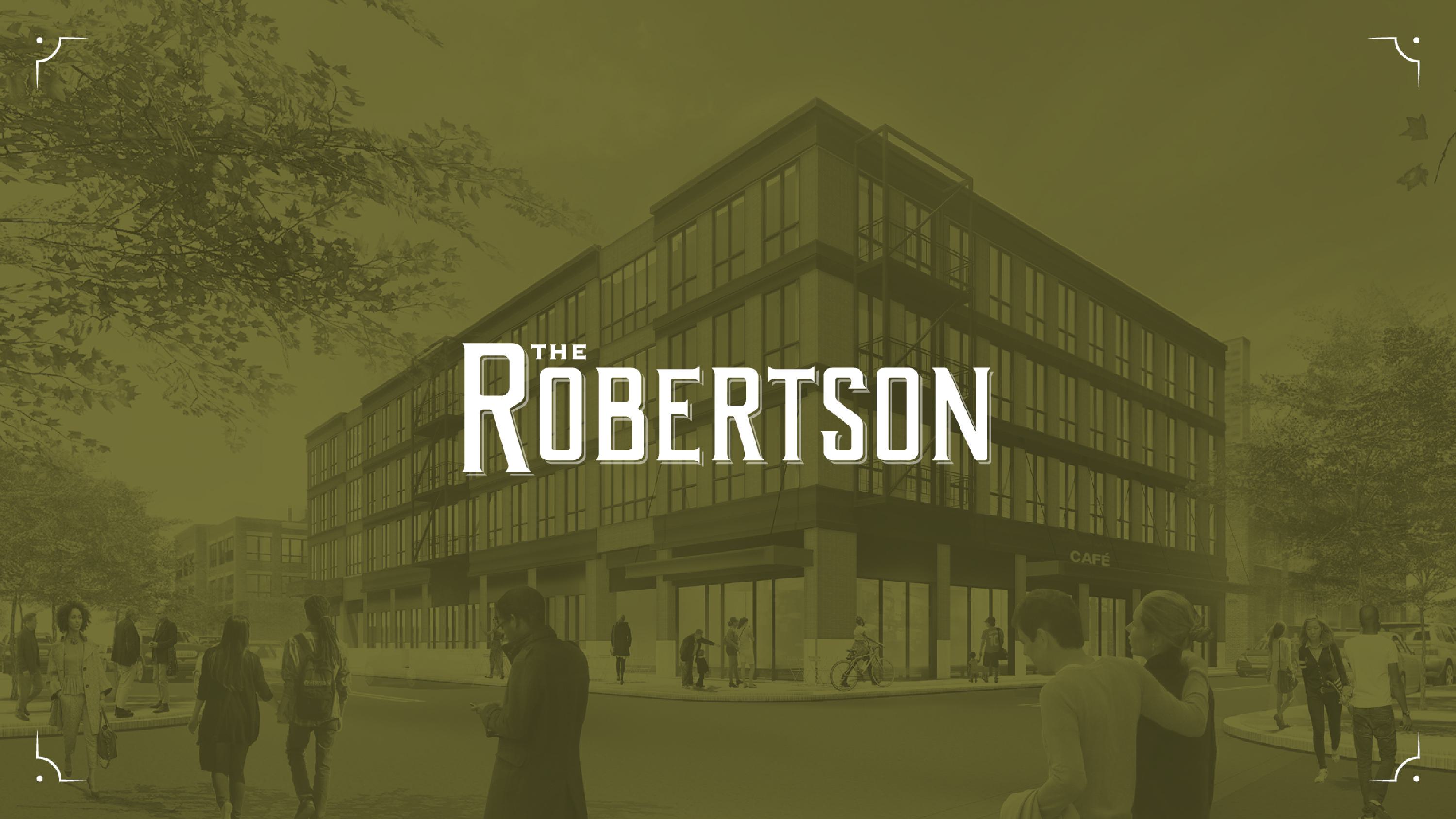 The Robertson wordmark against a stylized photo of the building