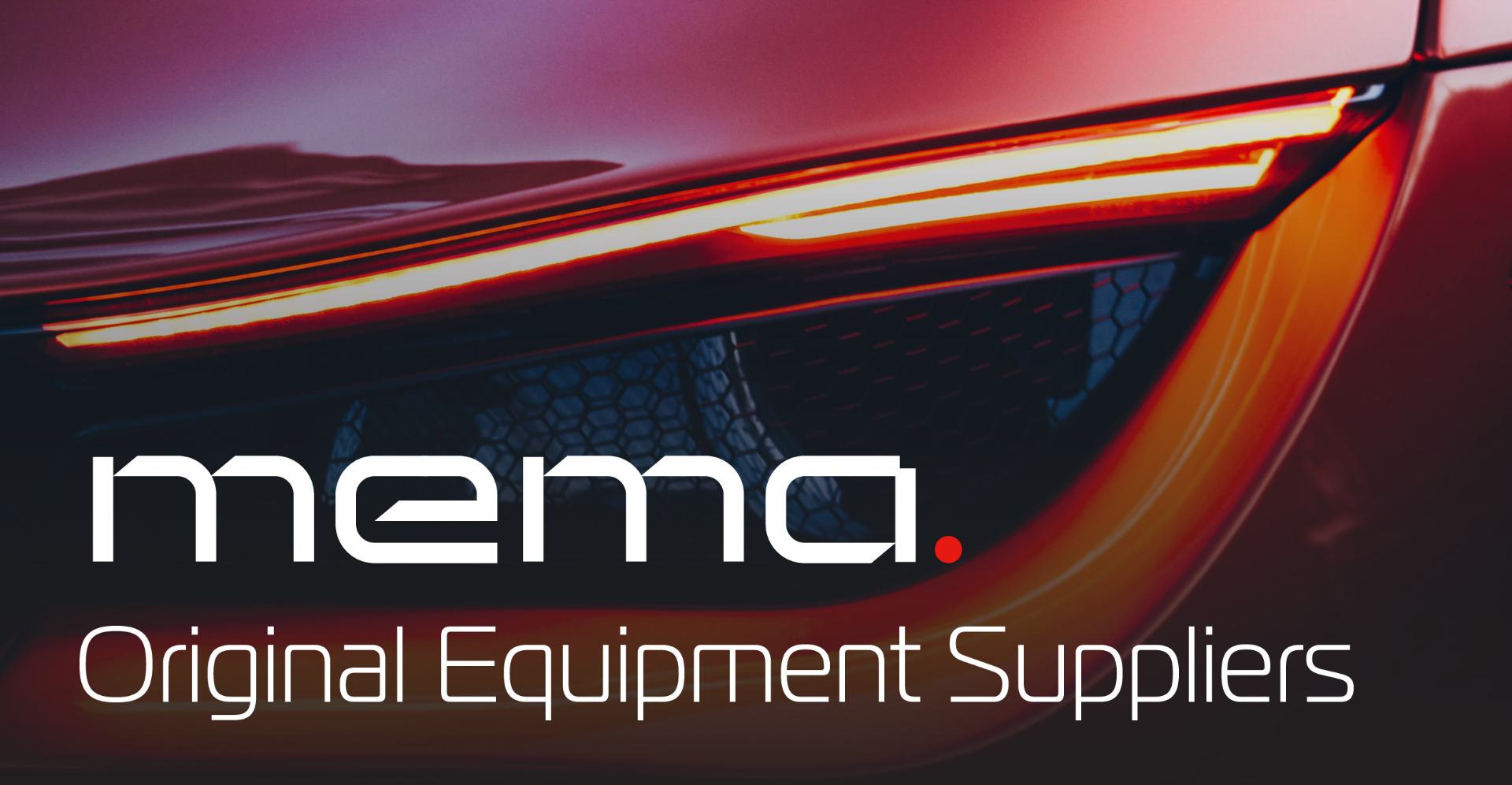 MEMA original equipment suppliers logo with a close of a left headlight on a red car