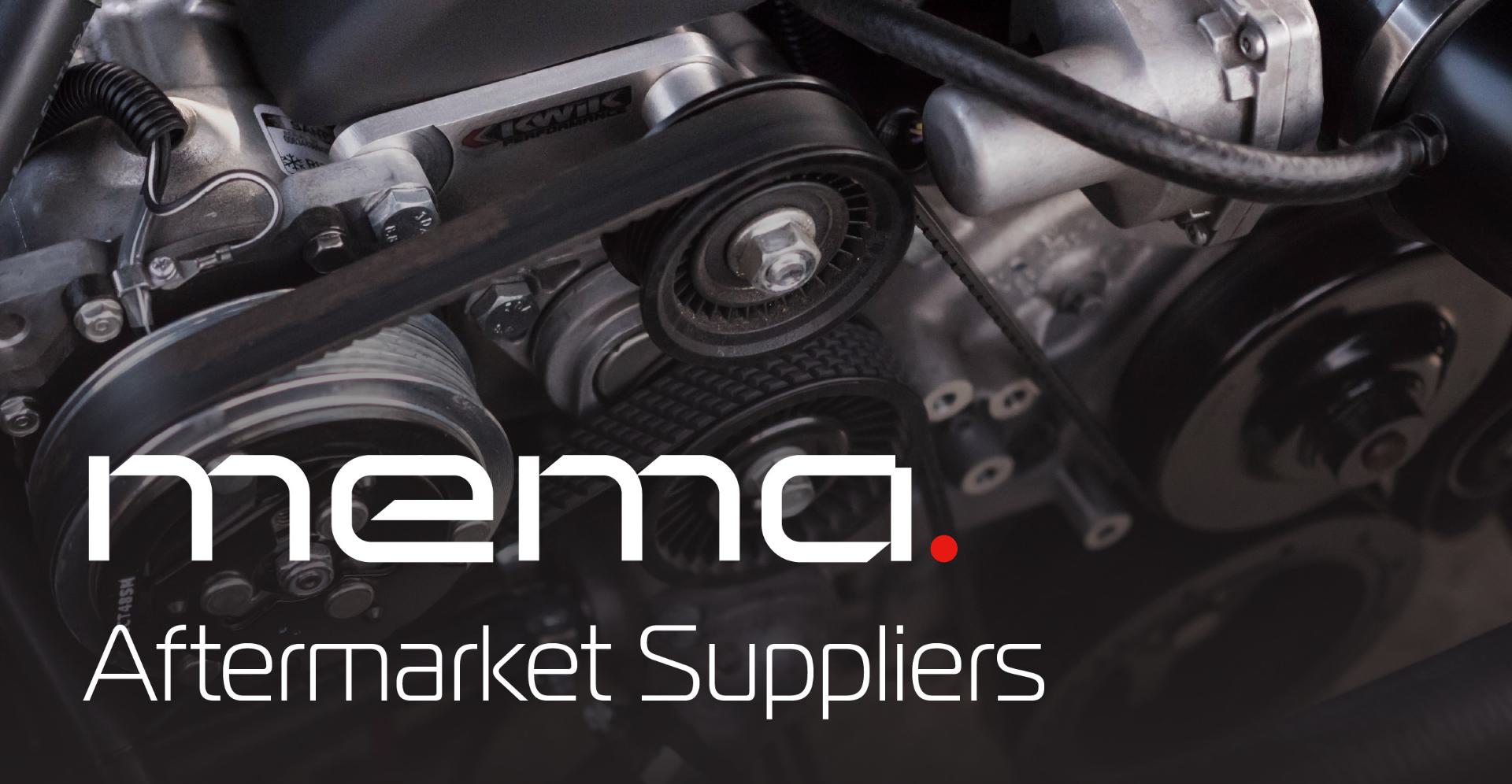 MEMA aftermarket suppliers logo with a photo of an engine in the background