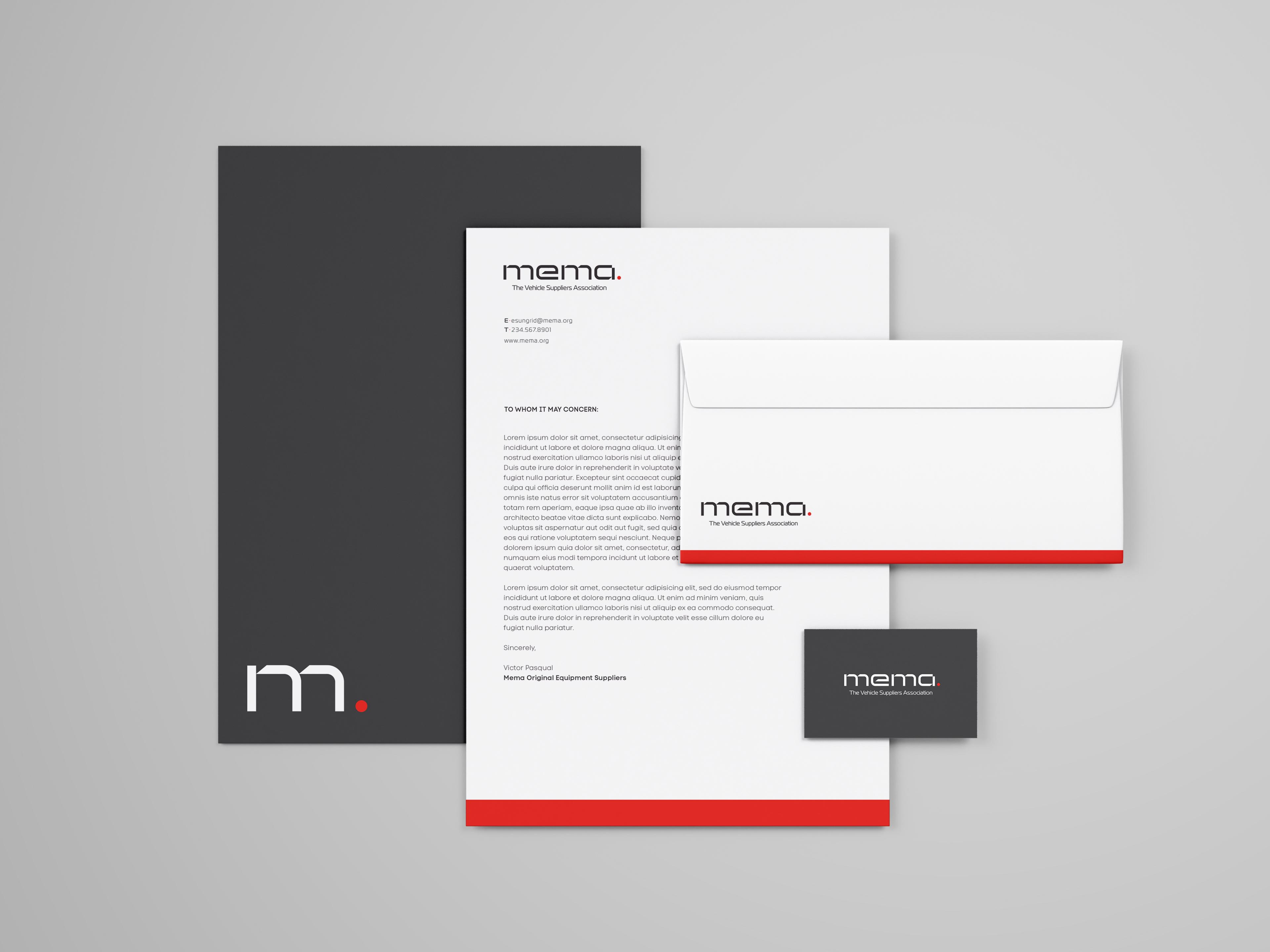 MEMA stationary system - letterhead, envelop and back of the business card.