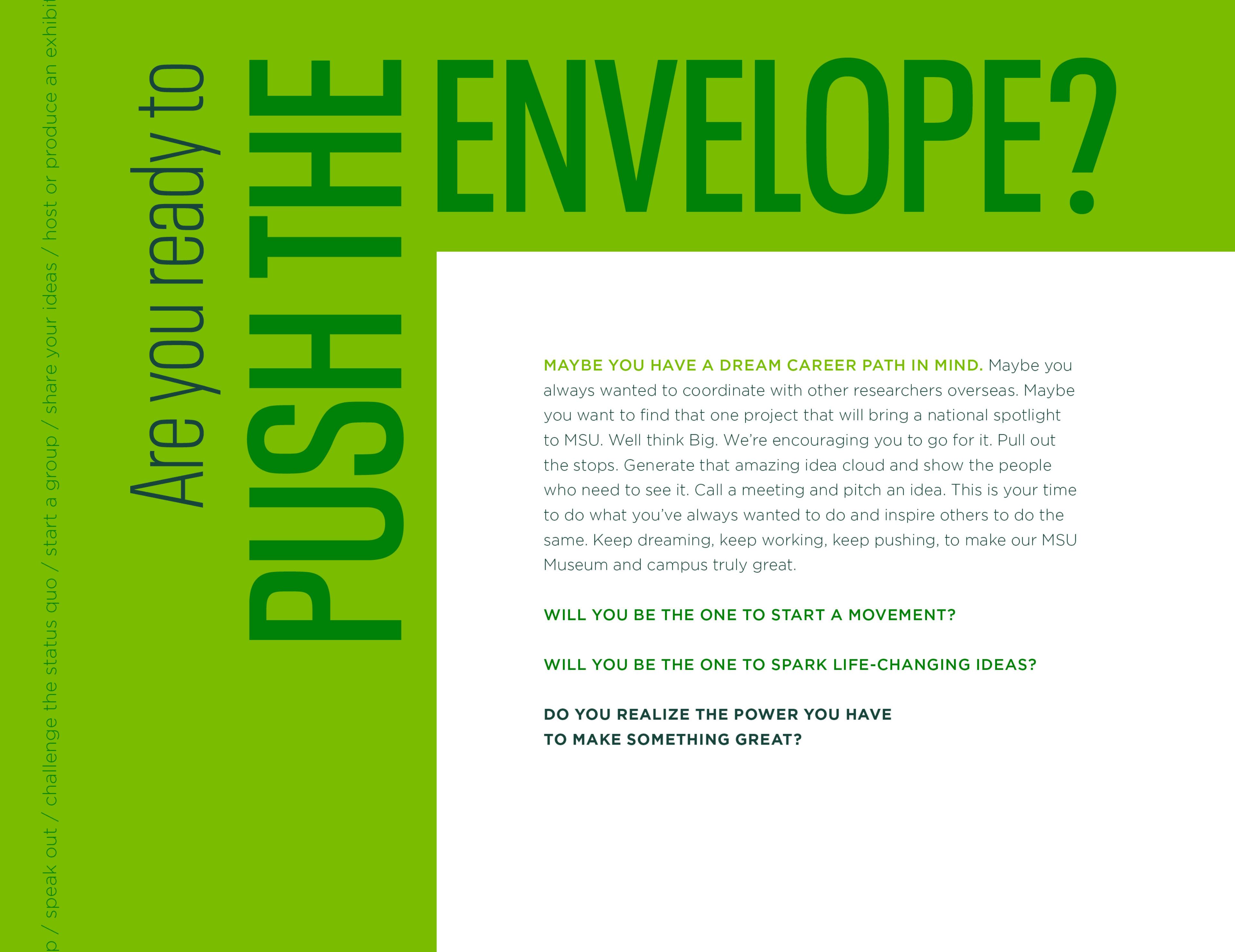 a page from the identity guide - 'Are you ready to push the envelope?'